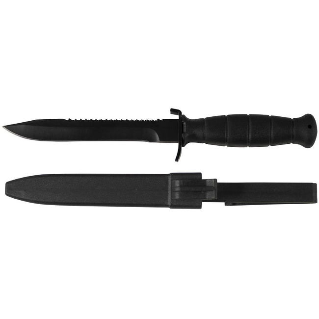 AT Survival knife, black, w/saw back, plastic sheath Trekking