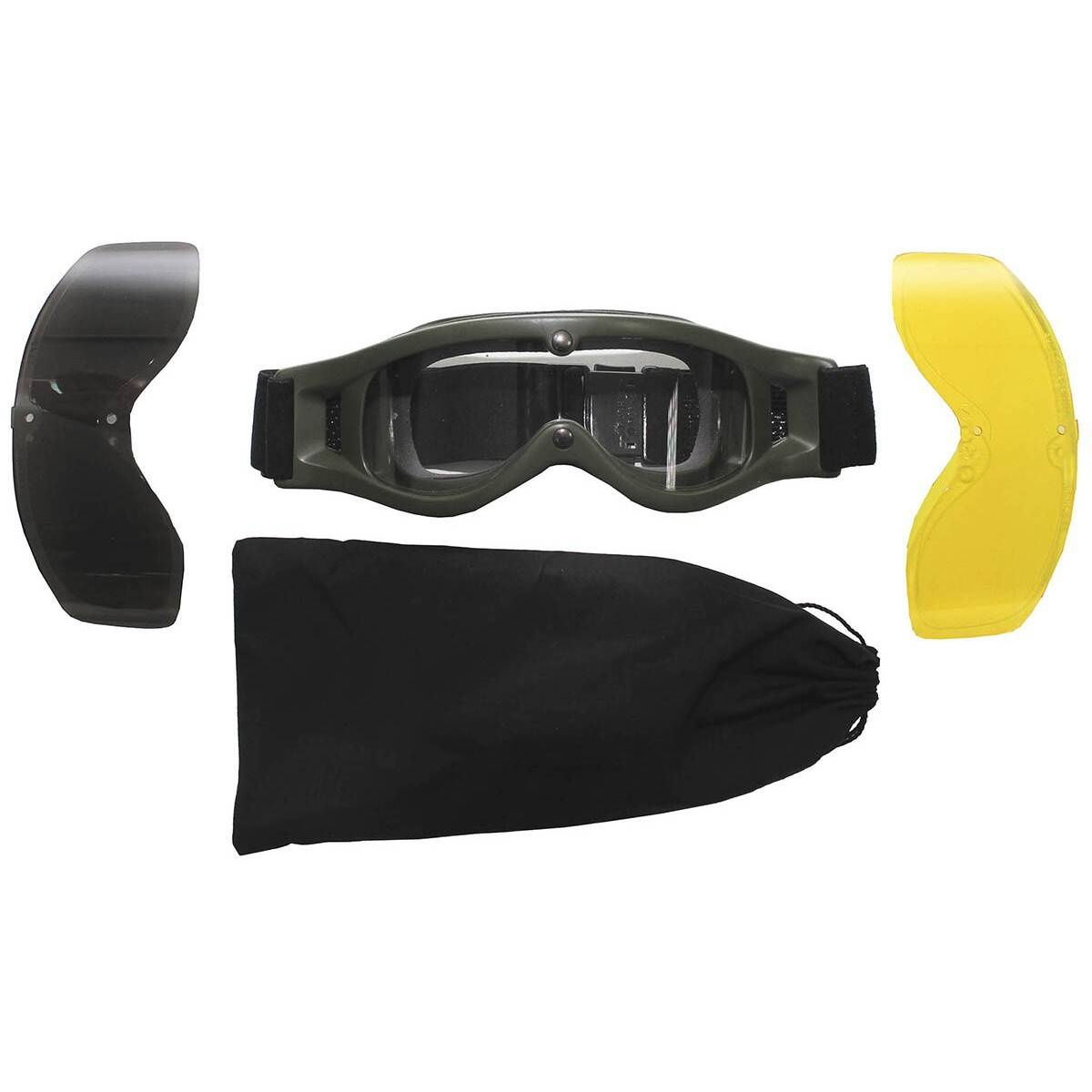 OD GREEN TACTICAL GOGGLES, 2 SPARE LENSES MILITARY SURPLUS USED