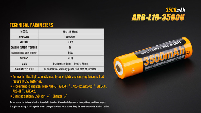 Fenix 18650 - 3500mAh - Micro-USB Rechargeable Battery - ARB-L 18-3500U