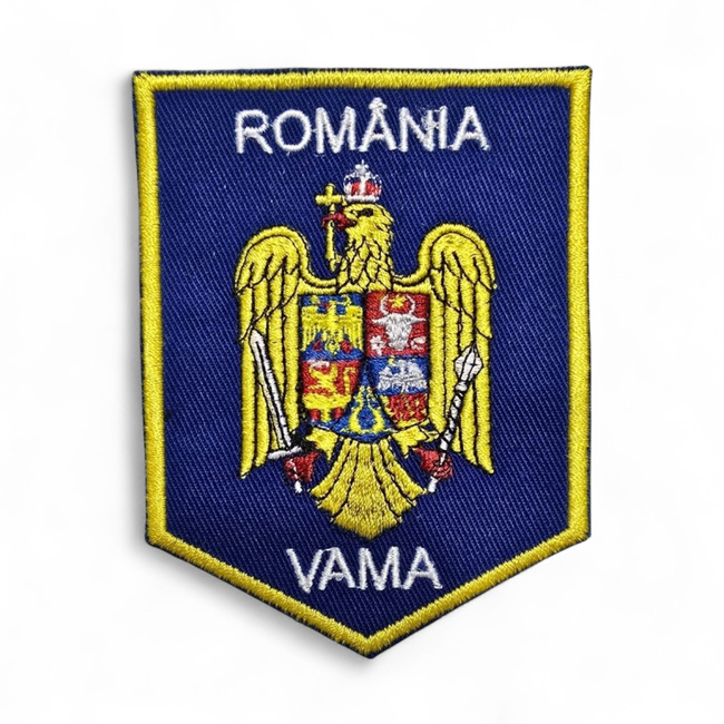 Emblema scut Vama - 8,5 x 6,5 cm - Suport Bleumarin - Cu aplicare prin coasere