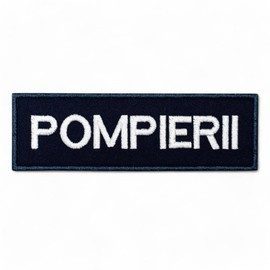 Emblema spate - POMPIERII - brodata pe suport negru cu contur bleumarin si text vernil fluorescent - aplicare prin coasere - 20x5 cm