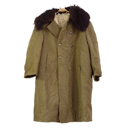 WINTER COAT, LONG, MADE OF WOOL, WITH FUR COLLAR, OLIVE GREEN - MILITARY SURPLUS FROM ROMANIAN ARMY - LIKE NEW