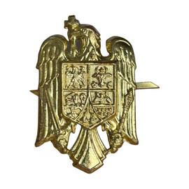 BADGE - ROMANIAN COAT OF ARMS - MILITARY TECHNICAL ACADEMY GRADUATE - ROMANIAN ARMY MILITARY SURPLUS - GOLDEN - IN GOOD CONDITION