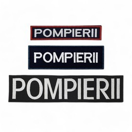 Emblema spate - POMPIERII - brodata pe suport albastru inchis (navy) cu contur rosu si text vernil fluorescent - aplicare termica - 20x5 cm