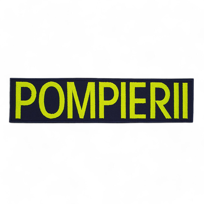 Emblema spate - POMPIERII - brodata pe suport albastru inchis (navy) cu contur rosu si text vernil fluorescent - aplicare termica - 20x5 cm