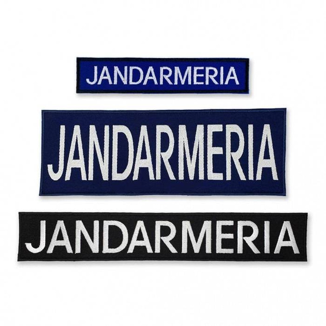 Emblemă "JANDARMERIA" spate, pe suport negru și aplicare tip Velcro (cu scai) - 20x5 cm