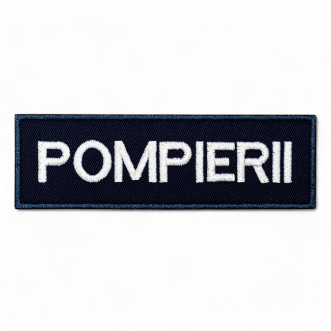 Emblema spate - POMPIERII - brodata pe suport negru cu contur bleumarin si text alb - aplicare prin coasere - 20x5 cm