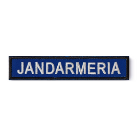 Ecuson "JANDARMERIA" piept, pe suport albastru royal și aplicare tip Velcro (cu scai) - 12,5x5 cm