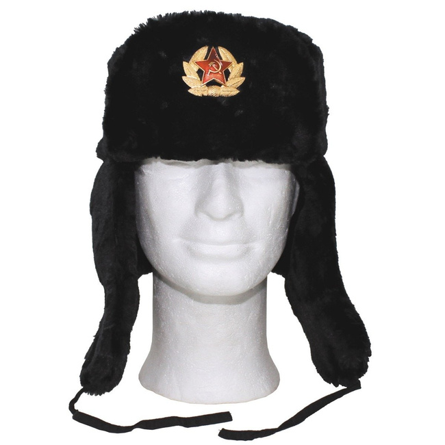 Russian Fur Winter Hat, black, with badge