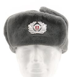 WINTER CAP WITH FUR AND BADGE - GREY - EAST GERMAN ARMY - MILITARY SURPLUS - LIKE NEW