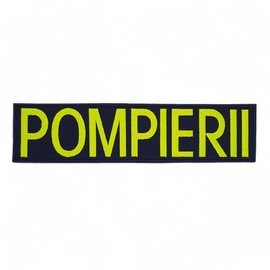 Emblema spate - POMPIERII - brodata pe suport albastru inchis (navy) cu contur bleumarin si text vernil fluorescent - aplicare termica - 20x5 cm