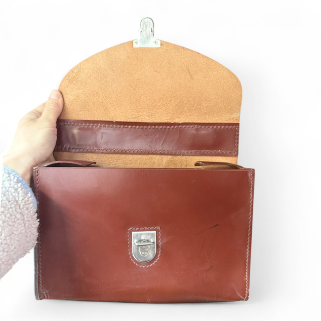 Leather Document Bag - Romanian Army Military Surplus - Brown - Good Condition