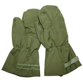 GB mittens, OD green, lined, trigger finger, used