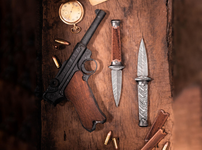 FIXED BLADE KNIFE P08 DAMASCUS - BROWN 