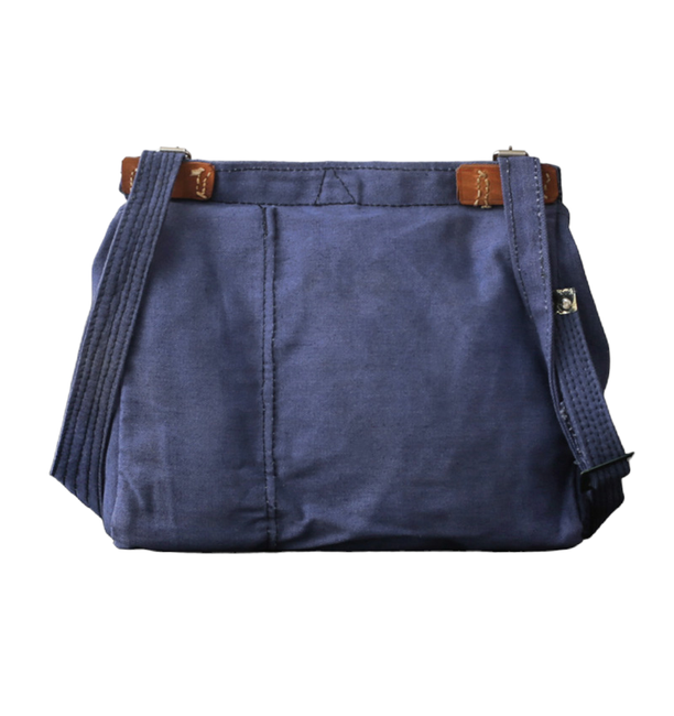 Blue military lunch bag with leather straps, post-WWII, Romanian Army Surplus - Like New