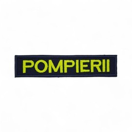 Ecuson POMPIERII piept cu text vernil fluorescent si contur rosu - aplicare prin coasere - 12,5x2,5 cm