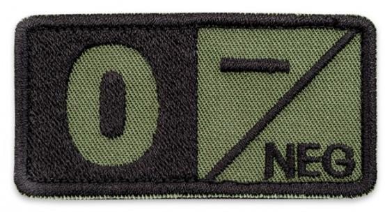 Ecuson grupa sangvină 0- negativ brodat pe khaki cu fir negru, cu aplicare tip Velcro (cu scai) - 7,5x3,5 cm