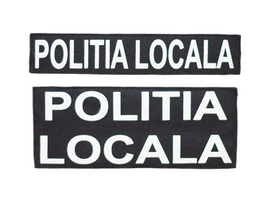 Set inscriptii fata-spate "POLITIA LOCALA" pe suport negru, cu aplicare tip Velcro (cu scai) - 25.5x5 cm si 26x10.5 cm