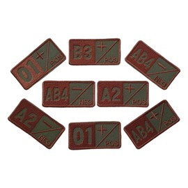 BLOOD GROUP badge AB4+ embroidered on khaki backing with brown thread - hook and loop application - 7 x 3,5 cm