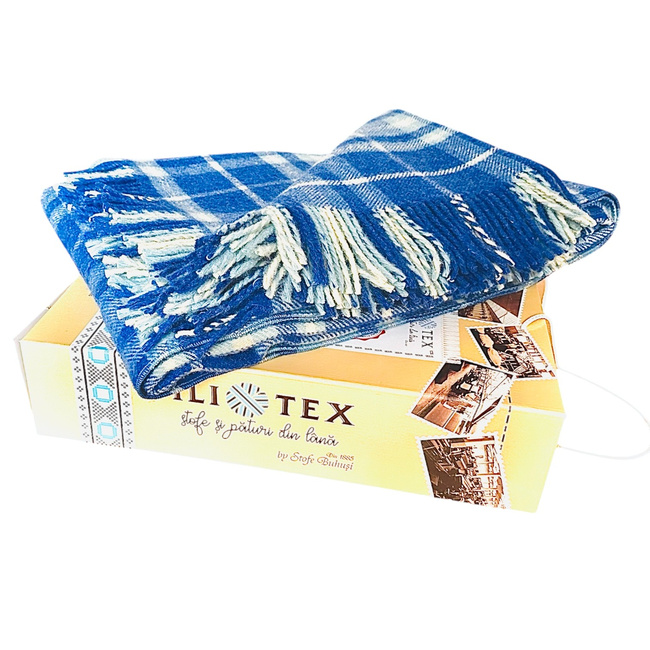 Merino Wool Blanket with Fringes and Premium Gift Box - Elena Model - Blue/White Checkered - 150 x 200 + 20 cm