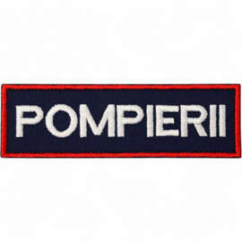 Emblema spate - POMPIERII - brodata pe suport albastru inchis (navy) cu contur rosu si text alb - aplicare prin coasere - 28x10 cm
