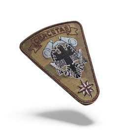 Ecuson cercetas pentru instructie - brodat pe suport combat (camuflaj) forte terestre cu fir maro - aplicare Velcro (cu scai)