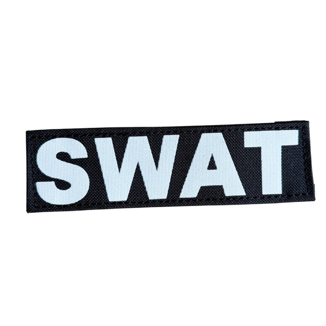 TACTICAL HOOK AND LOOP PATCH - SWAT - 13.5X4 CM - WITH BLACK PVC BACKING AND WHITE TEXT 