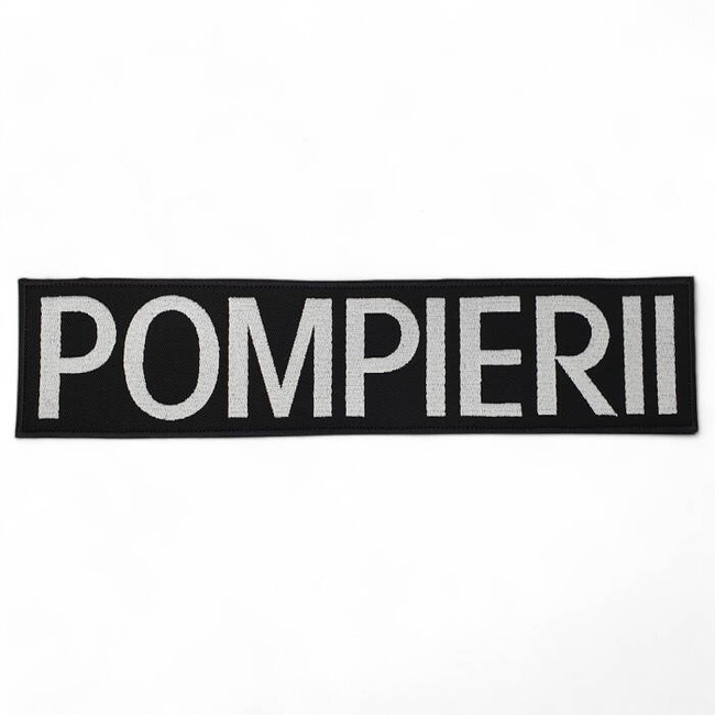 Emblema spate - POMPIERII - brodata pe suport albastru inchis (navy) cu contur rosu si text vernil fluorescent - aplicare termica - 20x5 cm