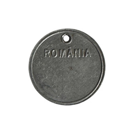 Metal round pendant with ROMANIA inscription and attachment hole - Surplus Military Romanian Army - Silver - In Good Condition