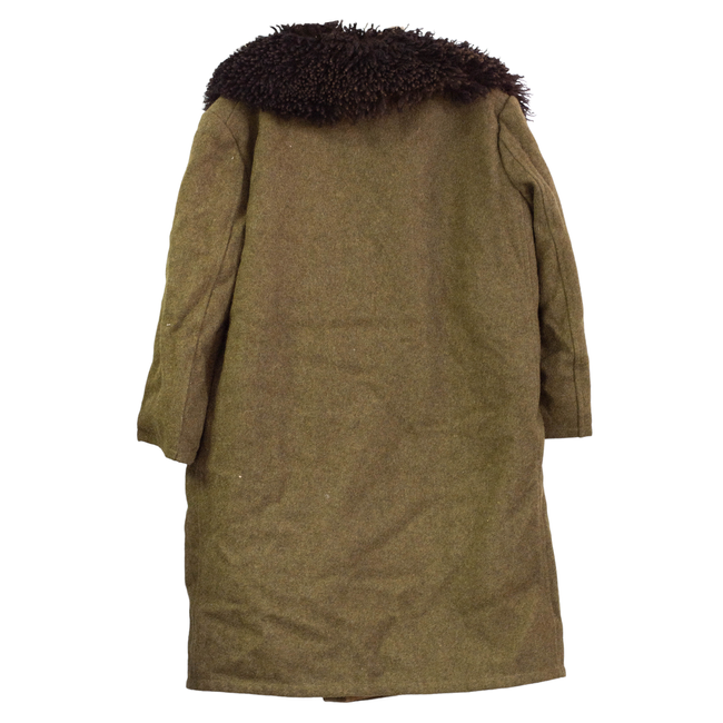 WINTER COAT, LONG, MADE OF WOOL, WITH FUR COLLAR, OLIVE GREEN - MILITARY SURPLUS FROM ROMANIAN ARMY - LIKE NEW