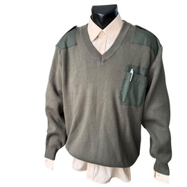 V-Neck Sweater with Epaulettes - Romanian Army Military Surplus - OD Green - In Good Condition