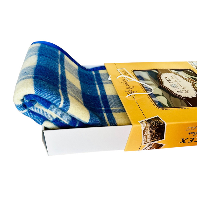 Merino Wool Blanket with Fringes and Premium Gift Box - Elena Model - Blue/White Checkered - 150 x 200 + 20 cm