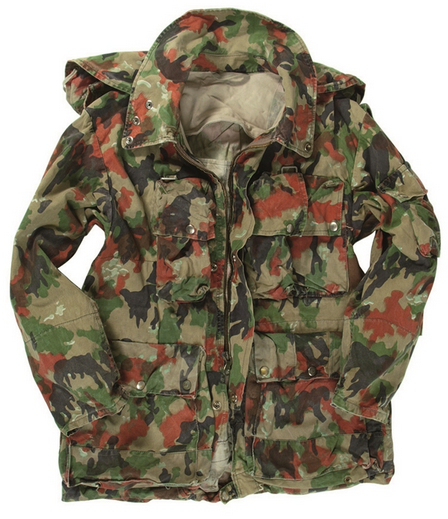 SWISS  ALPENFLAGE FIELD JACKET - WITH HOOD - CAMO M70 - MILITARY SURPLUS - USED