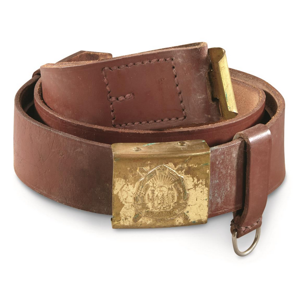 LEATHER BELT WITH GOLDEN BUCKLE - MILITARY SURPLUS ROMANIAN ARMY - IN GOOD CONDITION