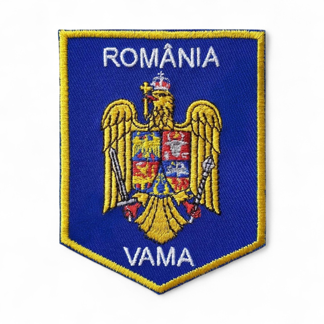 Emblema scut Vama - 8,5 x 6,5 cm - Suport Albastru Royal - Cu aplicare prin coasere
